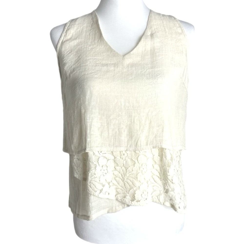 Entro T1437 Lace Trim‎ Layered Sleeveless V-Neck Cream Womens Top Size S